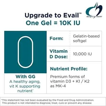 Designs for Health D-Evail 10K - 10,000 IU Vitamin D Supplement with Vitamin K (K1, K2 as MK-4) + GG - Bone, Cardiovascular + Immune Support - Improved Bioavailability Vitamin D3 (60 Softgels)