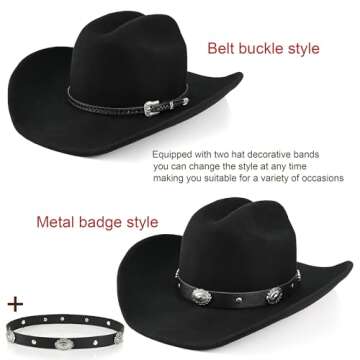 100% Wool Western Cowboy Hat for Men Women Classic Fedora Hat Felt Cowgirls Hats with Two Decorative Bands (US, Alpha, Medium, X-Large, Black-A)