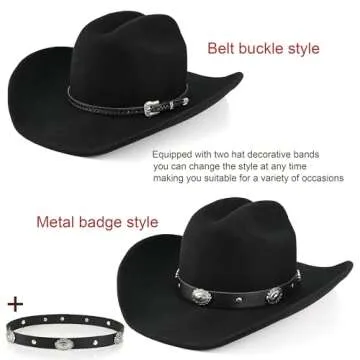100% Wool Western Cowboy Hat for Men Women Classic Fedora Hat Felt Cowgirls Hats with Two Decorative Bands (US, Alpha, Medium, X-Large, Black-A)