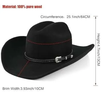 100% Wool Western Cowboy Hat for Men Women Classic Fedora Hat Felt Cowgirls Hats with Two Decorative Bands (US, Alpha, Medium, X-Large, Black-A)