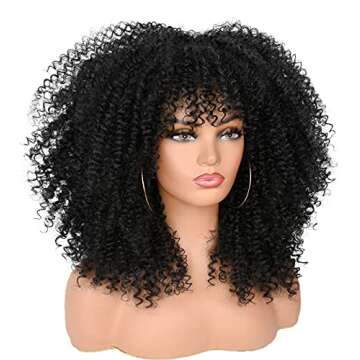 ANNISOUL 16Inch Curly Wigs for Black Women Black Afro Bomb Curly Wig with Bangs Synthetic Fiber Glue...