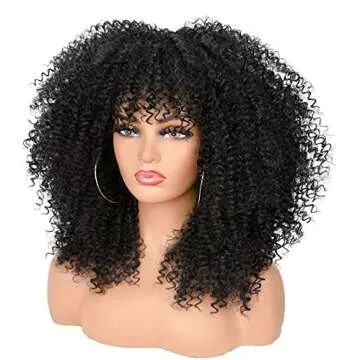 ANNISOUL 16Inch Curly Wigs for Black Women Black Afro Bomb Curly Wig with Bangs Synthetic Fiber Glueless Long Kinky Curly Hair