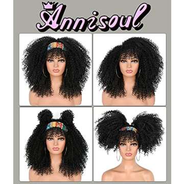ANNISOUL 16Inch Curly Wigs for Black Women Black Afro Bomb Curly Wig with Bangs Synthetic Fiber Glueless Long Kinky Curly Hair