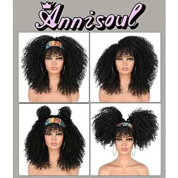 ANNISOUL 16Inch Curly Wigs for Black Women Black Afro Bomb Curly Wig with Bangs Synthetic Fiber Glueless Long Kinky Curly Hair
