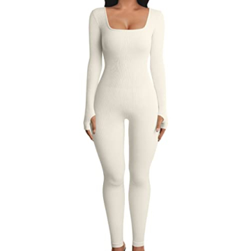 OQQ Long Sleeve Yoga Jumpsuits Stylish Bodysuit Beige