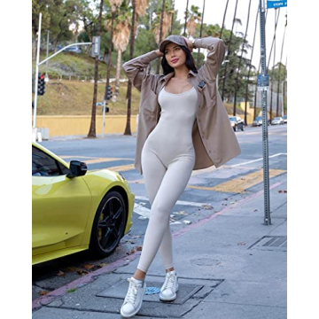 OQQ Long Sleeve Yoga Jumpsuits Stylish Bodysuit Beige