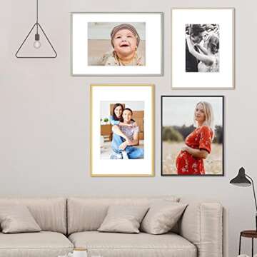 Fkvat 11x14 Picture Frame Set of 4, Matted Black Simple Modern Brushed Thin Aluminum Metal Photo Frame Fits 8x10 with Mat or 11 x 14 without Mat Vertical and Horizontal for Tabletop and Wall Mounting