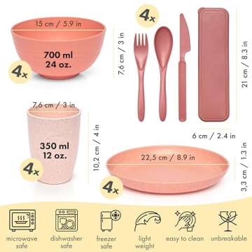 FOODLE Wheat Straw Dinnerware Set - Lightweight & Unbreakable - Microwave & Dishwasher Safe Dishes -...
