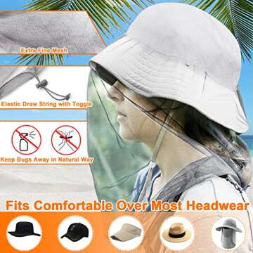 Benvo Mosquito Head Net Mesh, Face Neck Fly Netting Hood from Bugs Gnats Noseeums Screen Net for Any Outdoor Lover- with Carry Bags Fits Most Sizes of Hats Caps (2pcs, Grey, Updated Big Net)