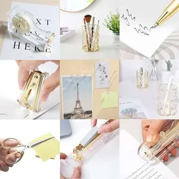 Famassi Gold Desk Accessories，Office Supplies Set Acrylic Stapler Set Staple Remover, Tape/Pen Holder, 2 Ballpoint Pen, Scissor, Binder/Paper Clips and 1000pcs Staples.