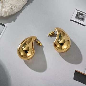 2 Pairs Water Drop Chunky Gold Hoop Earrings Dupes Hypoallergenic Statement Earrings for Women Designer Dupes