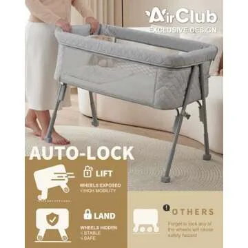 AirClub Bassinet Bedside Sleeper, Baby Crib for Newborn, Baby Bassinets Bedside Sleeper with 4 Auto-Lock & Adjustable Height, Breathable Mesh & Mattress, Bedside Bassinet