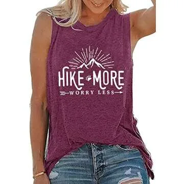 Women Funny Graphic Tanks Hike More Worry Less Workout Camping Hiking Sleeveless Printed Shirts Casual Summer Tops, Purple L