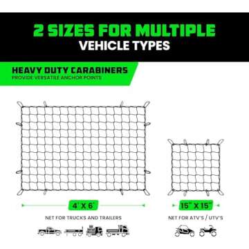 Rhino USA Bungee Cargo Net Set - Ultimate Cargo Accessory Includes Carry Case, Carabiners, 4' x 6’ Net, 15" x 15" Mini-Net. For pickup truck bed, SUV, Motorcycle Rack, ATV, Small Trailer Cargo - Black