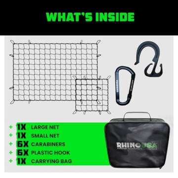 Rhino USA Bungee Cargo Net Set - Ultimate Cargo Accessory Includes Carry Case, Carabiners, 4' x 6’ Net, 15" x 15" Mini-Net. For pickup truck bed, SUV, Motorcycle Rack, ATV, Small Trailer Cargo - Black