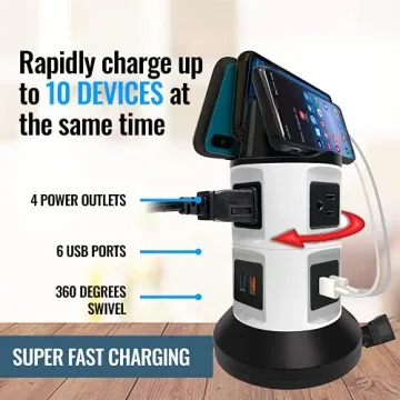 Power Strip Tower with 4 Outlets and 6 USB Ports
