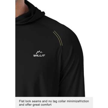 Willit Men's Sun Shirts UPF 50+ Rash Guard Long Sleeve Sun Protection Hoodie SPF UV Fishing Lightweight Athletic Running Black L