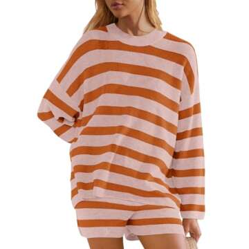 Panadila Womens Oversized Lounge Sets Striped Sweater Shorts Set Matching Pajama Set 2 Piece Outfits (Dusty Pink Combo,L)