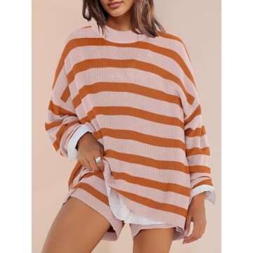 Panadila Womens Oversized Lounge Sets Striped Sweater Shorts Set Matching Pajama Set 2 Piece Outfits (Dusty Pink Combo,L)