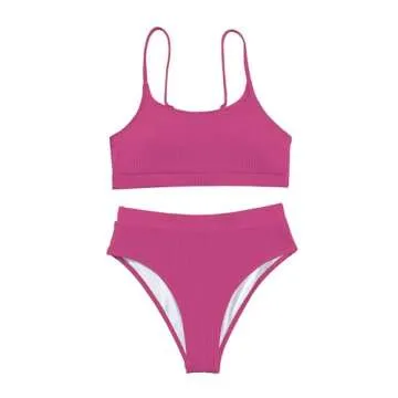 Lilosy High Waisted Tummy Control Bikini Ribbed Sporty Brazilian Swimsuit Set Women Highwaisted Cheeky Cut Leg Rise Bottom Crop Push Up Top 2 Piece Bathing Suit Neon Hot Pink Medium