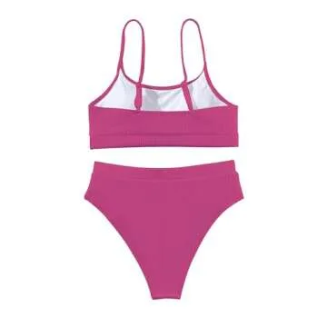 Lilosy High Waisted Tummy Control Bikini Ribbed Sporty Brazilian Swimsuit Set Women Highwaisted Cheeky Cut Leg Rise Bottom Crop Push Up Top 2 Piece Bathing Suit Neon Hot Pink Medium