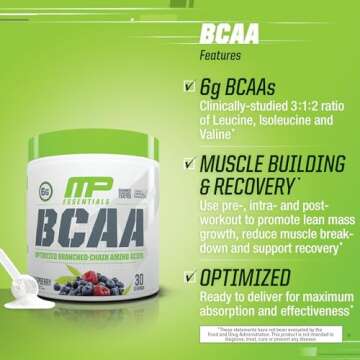 MusclePharm Essentials BCAA Powder, Pre & Post Workout Recovery Drink, Supports Muscle Recovery & Energy Production, Essential Amino Acids Supplement, 30 Servings, Blue Raspberry Flavor