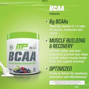 MusclePharm Essentials BCAA Powder, Pre & Post Workout Recovery Drink, Supports Muscle Recovery & Energy Production, Essential Amino Acids Supplement, 30 Servings, Blue Raspberry Flavor