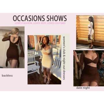Colysmo Women's Sexy Long Sleeve Bodycon Party Dress Cut Out Backless Ruched Mesh Mini Club Dresses Brown