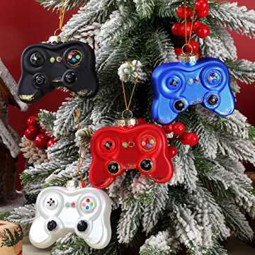 HyDren 4 Pcs Video Game Christmas Tree Ornaments Game Controller Glass Blown Ornaments Hand Painted Glitter Decorations for Gamer Xmas Gifts, Multicolor