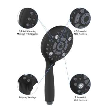 SR SUN RISE 6-Mode Handheld Shower Head, 4.8 Inches High Pressure, 1.8 GPM, 1.8 Meter/70.8 Inch Long...