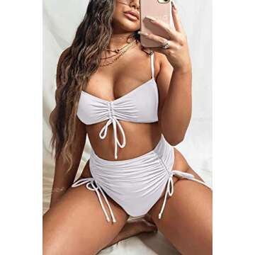 Meyeeka Swimsuits for Women Tummy Control High Waisted Bikinis Sexy Thong 2PCS Beachwears L White
