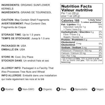 Food to Live - Organic Sunflower Seeds, 1 Pound - Hulled, Raw, Non-GMO, Dried Kernels, Unsalted, Kosher, Vegan, Keto, Paleo, Sirtfood, Bulk, Low Sodium Nuts, Good Source of Protein.