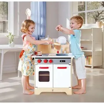 Hape Gourmet Kitchen Toy Fully Equipped Wooden Pretend Play Kitchen Set with Sink, Stove, Baking Oven, Cabinet, Turnable Knobs & Spice Shelf, Red