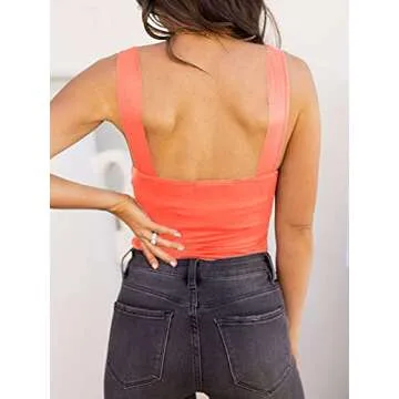 REORIA Women's Sexy Square Neck Tank Bodysuit in Neon Pink