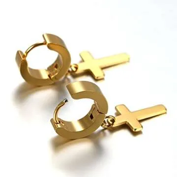 Cupimatch 3-6 Pairs Stainless Steel Cross Dangle Huggie Hinged Hoop Earrings for Men Women (1 Pair Gold Cross)
