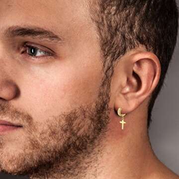 Cupimatch 3-6 Pairs Stainless Steel Cross Dangle Huggie Hinged Hoop Earrings for Men Women (1 Pair Gold Cross)