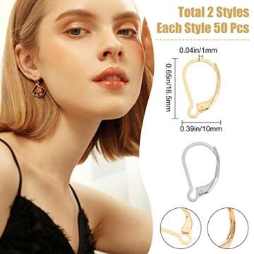 Beebeecraft 100Pcs Real 24K Gold Plated Leverback Earwires French Earring Hooks Gold and Stainless Steel Color 16.5x10mm Interchangeable Dangle Ear Wire Findings Stainless Steel for Jewelry Making