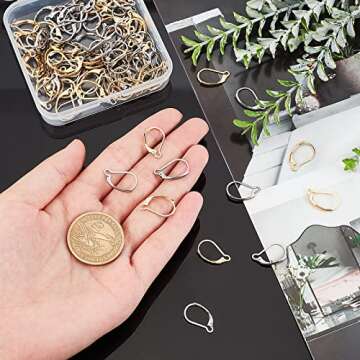 Beebeecraft 100Pcs Real 24K Gold Plated Leverback Earwires French Earring Hooks Gold and Stainless Steel Color 16.5x10mm Interchangeable Dangle Ear Wire Findings Stainless Steel for Jewelry Making