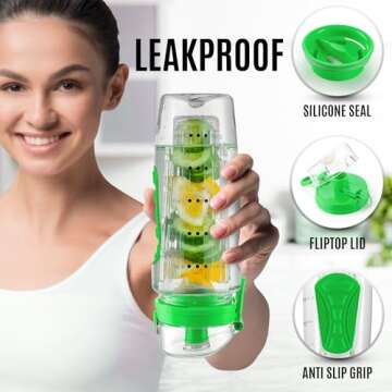 Zulay 34 oz Large, Leakproof Fruit Infuser Water Bottle with Anti-Slip Grip - Men and Women's Ideal Fitness Gift Or For Gym, Camping, and Travel - Energy Green