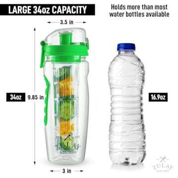 Zulay 34 oz Large, Leakproof Fruit Infuser Water Bottle with Anti-Slip Grip - Men and Women's Ideal Fitness Gift Or For Gym, Camping, and Travel - Energy Green