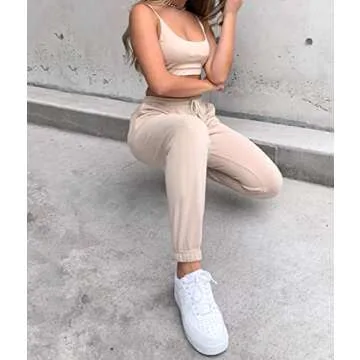 Women's Solid Sweatpants Drawstring Jogger Sweat Pants Cinch Bottom Casual Elastic Waist Workout Trousers (Khaki, Medium)