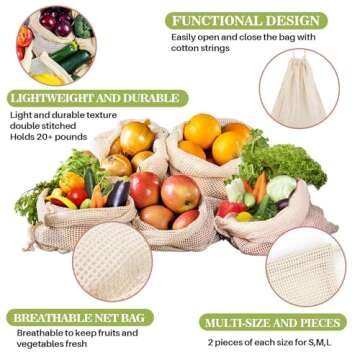 MAQIHAN 6 Pack Reusable Produce Bags Cotton Mesh Produce Bags Mesh Storage Produce Bags Reusable Durable Double Stitched With Drawstring Produce Bag For Vegetables,Fruit & Grocery Shopping (2L,2M,2S)
