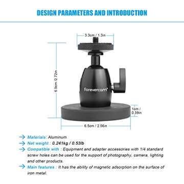 Forevercam Aluminum Magnetic Camera Mount for GoPro Hero 13/12/11/10/9/8 Insta360 Akaso DJI and Other Action Camera 360°Rotation Ball Head Gimbal 1/4-20 Lock Protector