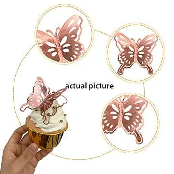 40 PCS Rose Gold Lively 3D Butterfly Cupcake Toppers Hollow Art Butterfly Cake Topper Decorations for Baby Shower Wedding Anniversary Kids Birthday Party Supplies Mixed Size
