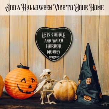 Gothic Heart Wood Sign, Let's Cuddle And Watch Horror Sign, Retro Gothic Wooden Wall Art, Skeleton Horror Wood Plaque Decor, Anniversary Halloween Gifts for Lover Wife Husband Couples -17