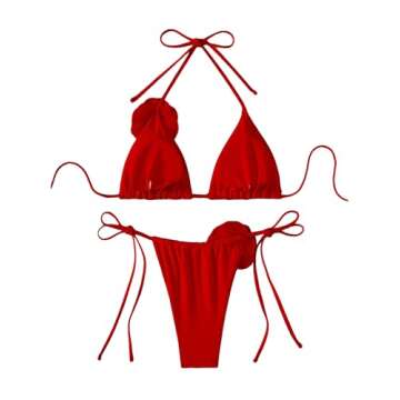 RoseSeek Women's Two Piece Bathing Suit Floral Appliques Halter Triangle Tie Side Thong Bikini Swims...