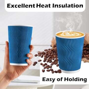 Lamosi 12 oz Insulated Coffee Cups Disposable - 50 Count Blue Paper Coffee Cups No Lids 12oz, Corrugated Ripple Wall Design for Hot Cold Drinks