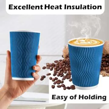 Lamosi 12 oz Insulated Coffee Cups Disposable - 50 Count Blue Paper Coffee Cups No Lids 12oz, Corrugated Ripple Wall Design for Hot Cold Drinks