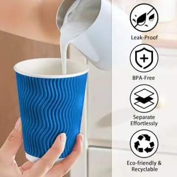 Lamosi 12 oz Insulated Coffee Cups Disposable - 50 Count Blue Paper Coffee Cups No Lids 12oz, Corrugated Ripple Wall Design for Hot Cold Drinks