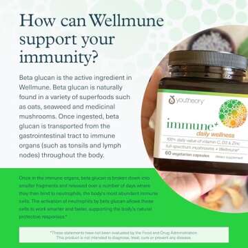 Youtheory Immune+ Daily Wellness - Vegetarian Immune Support Supplement with Vitamin C, Vitamin D3 & Zinc* - Mushroom Supplement with Turkey Tail, Cordyceps & Reishi - 60 Vegetarian Caps